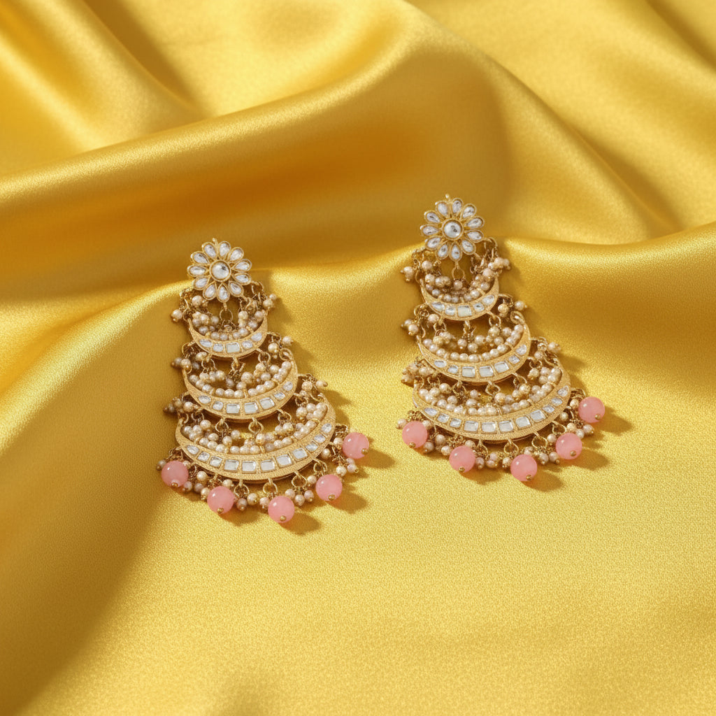 Layered Pearly Chandbali - 3 layers Pink