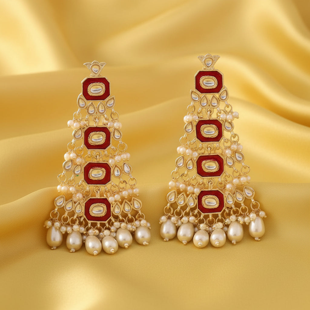 Meenakari Kundan Pearl Chandbali Dangle Earrings - Red