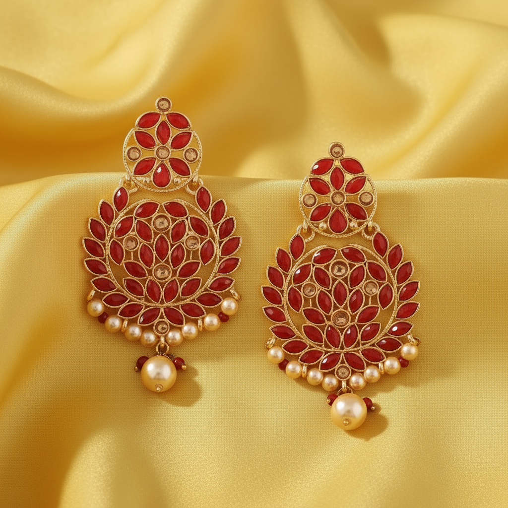 Ethnic Kundan Chandbalis - Red