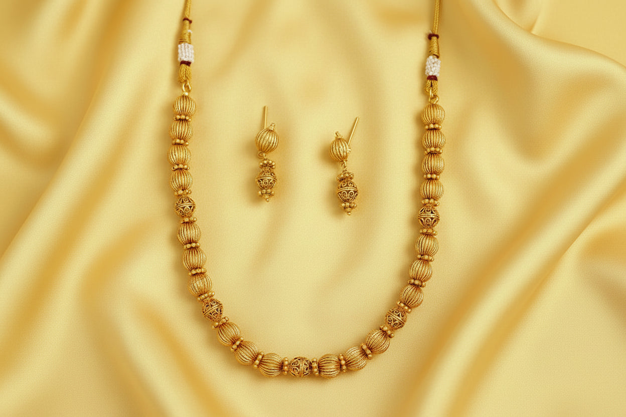 Rounded Designer Necklace Set - Golden Beaded Style