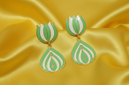 Ethnic Lotus Shaped Meenakari Dangler Earrings - Green