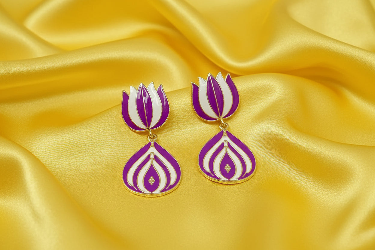 Ethnic Lotus Shaped Meenakari Dangler Earrings - Purple
