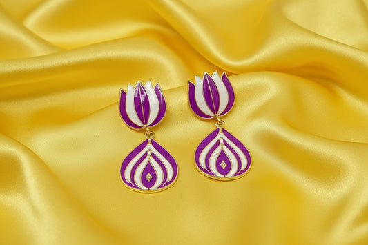 Ethnic Lotus Shaped Meenakari Dangler Earrings - Purple