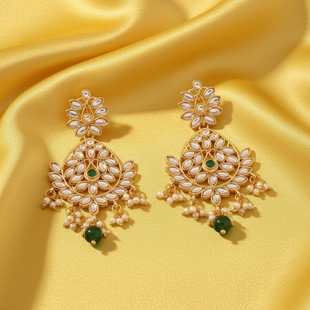 Ethnic Kundan White and Green Chandbalis
