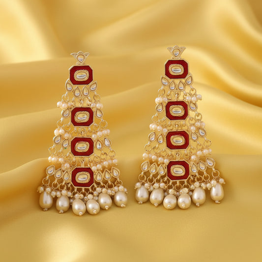 Meenakari Kundan Pearl Chandbali Dangle Earrings - Red