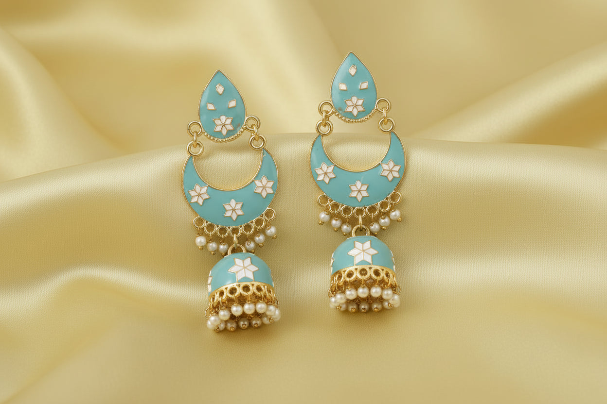 Traditional Ethnic Meenakari Chandbali Jumki Dangler - Blue