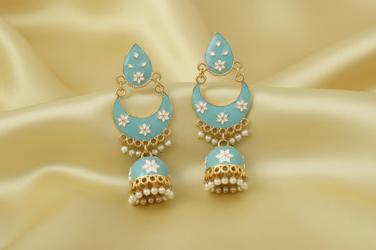 Traditional Ethnic Meenakari Chandbali Jumki Dangler - Blue