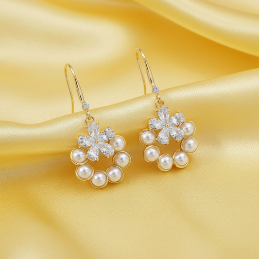 Pearl Drop Crystal Flower Earrings