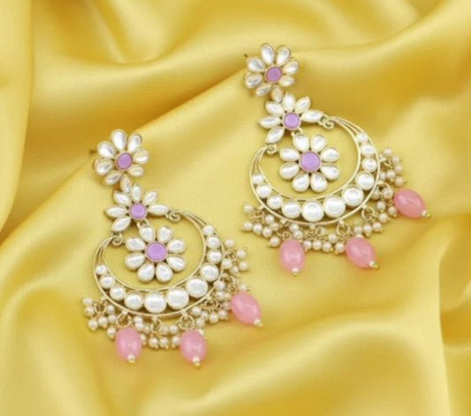 Traditional Kundan Pearl Chandbali - Purple Pink