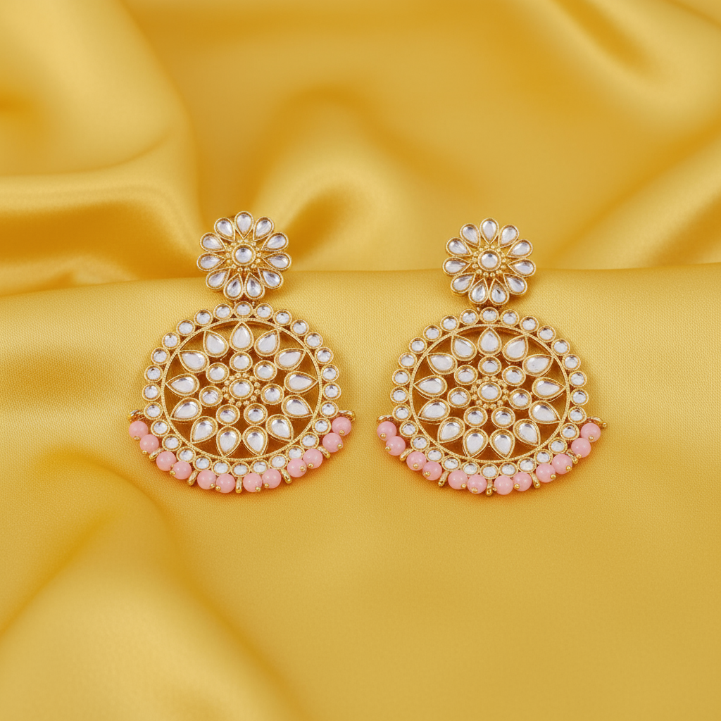 Ethnic Kundan Chandbalis - White and Pink
